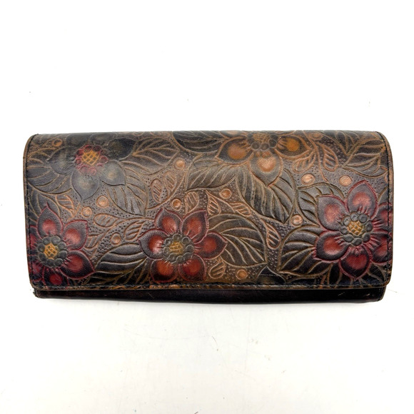 Vintage 90s Derek Alexander Floral Tooled Antiqued Leather Organizer Wallet 7.5" - Picture 1 of 16